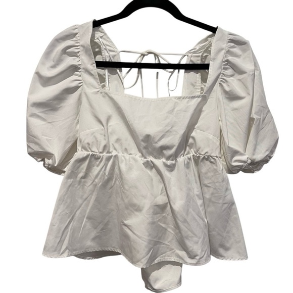 🧁H&M White Puff Sleeve Babydoll Tie Top Coquette Cottagecore Feminine Spring - Picture 3 of 10